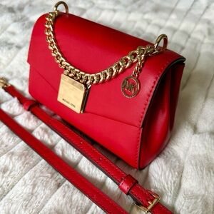 Michael Kors Lita Small Leather Crossbody with Gold Chain and MK charm